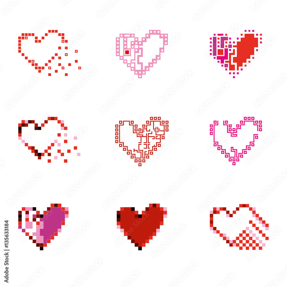 Pixel Hearts. Flat design set vector symbols.