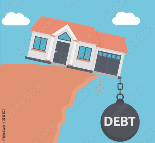 Weight of debt on a house pulling it down in the abyss. Flat style