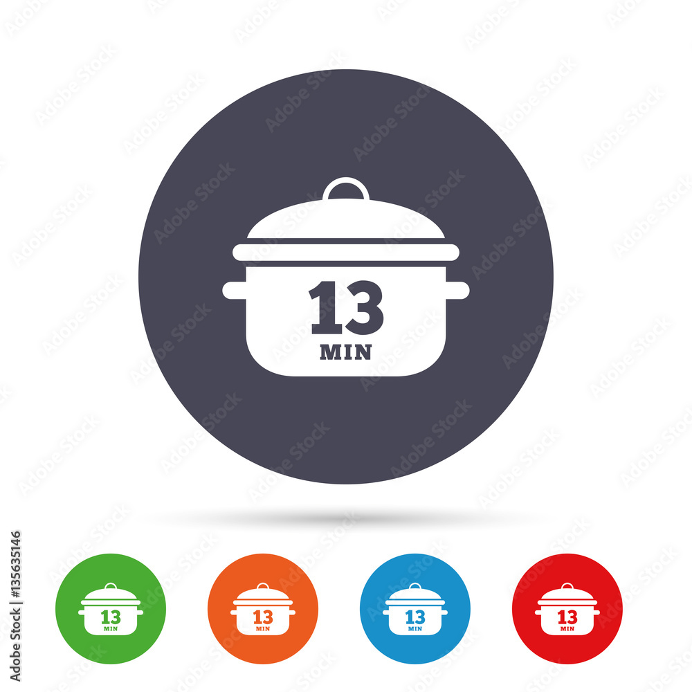 Boil 13 minutes. Cooking pan sign. Stew food.
