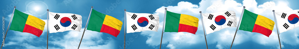 Benin flag with South Korea flag, 3D rendering Benin flag with South Korea flag, 3D rendering