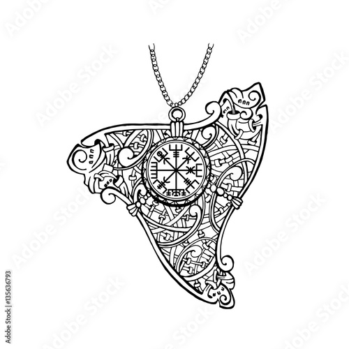Pendant ornament in Celtic style. Ancient amulet with runes on the white background. Can be used for tattoo design