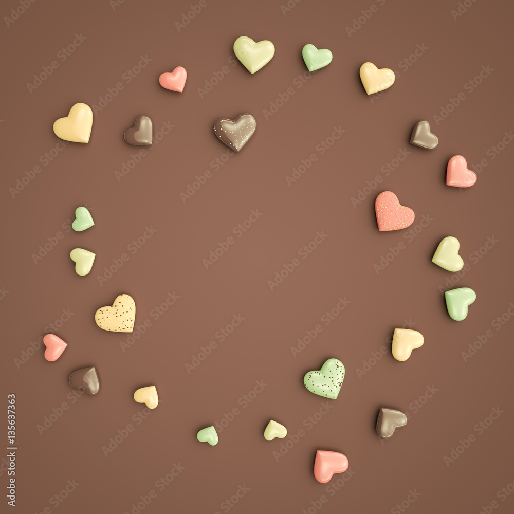 Valentine's Day heart shape cookies circular frame mock-up for text in the center on dark background flat lay top view 3D Illustration