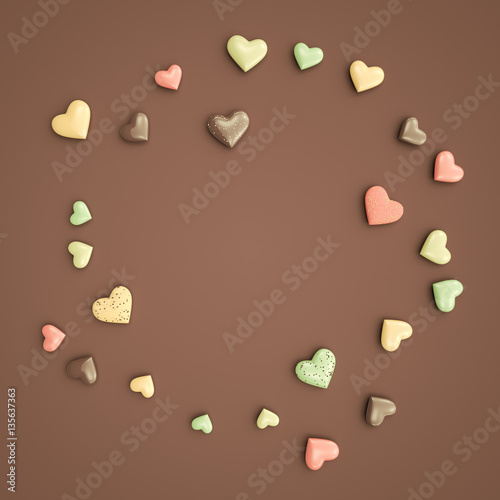 Valentine's Day heart shape cookies circular frame mock-up for text in the center on dark background flat lay top view 3D Illustration