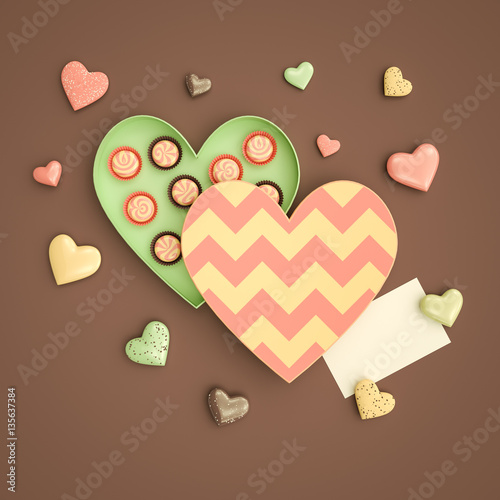 Box of chocolate candy for your loved ones in a shape of heart with blank paper name card mock-up. Flat lay, top view 3D Illustration