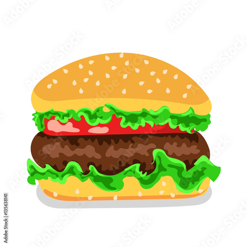 hamburger with tomatoes, cucumber, lettuce at the white background