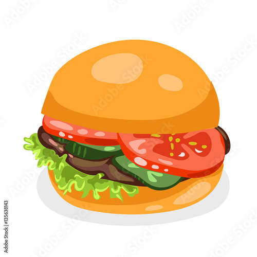 hamburger with tomatoes, cucumber, lettuce at the white background
