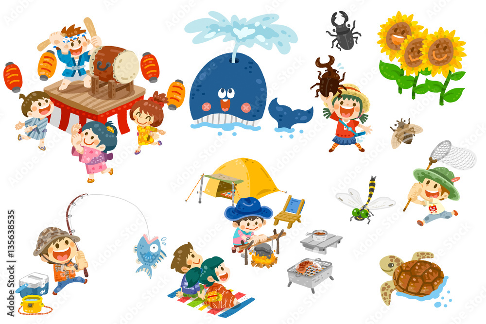 夏休みで遊ぶ子供達ポーズ集 Stock イラスト Adobe Stock