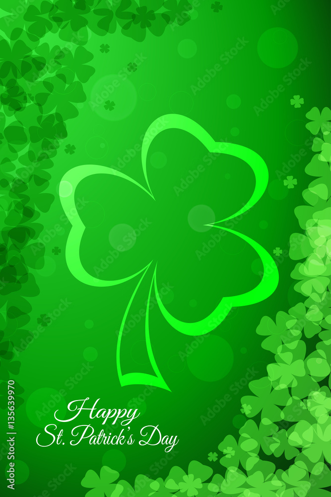 Plakat Vector abstract gradient green background for Happy St. Patrick's Day with leaves of clover and glowing silhouette.