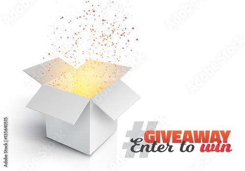 Illustration of Vector Grey Box with Magic Light Coming from Inside. Giveaway Competition Template. Open Box with Confetti Enter to Win Prize Concept