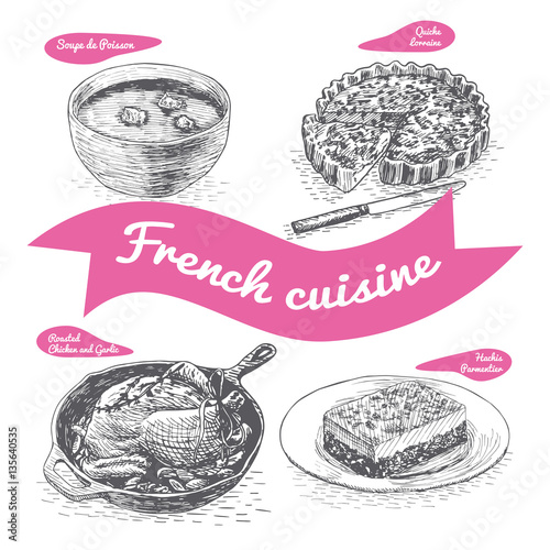 Monochrome vector illustration of French cuisine.