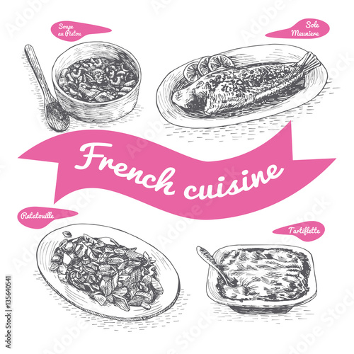 Monochrome vector illustration of French cuisine.