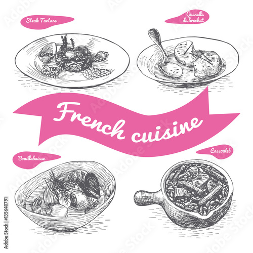 Monochrome vector illustration of French cuisine.