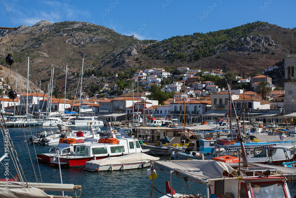 Boat Marina on the Hydra island, Aegean sea, Greece.