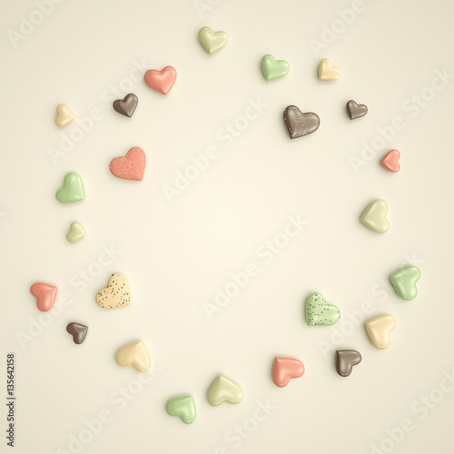 Heart shape cookies circular frame flat lay on light background 3D Illustration