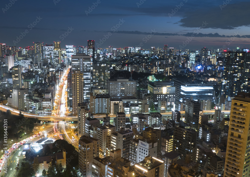 Fototapeta premium 東京都市風景 夜景 港区 芝から三田 田町 浜松町方面 俯瞰