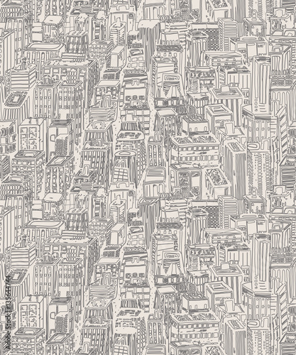Vintage design newsprint hand drawn seamless pattern with big city. Vector illustration with NYC architecture  skyscrapers  megapolis  buildings  downtown.