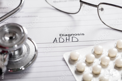 Tableau sur toile Pills;Glasses And Stethoscope With Text Diagnosis ADHD