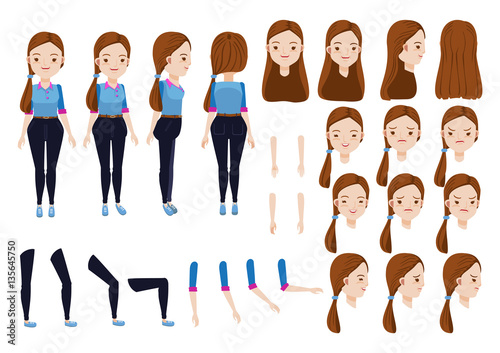 teen girl character creation set. Icons with different types of faces and hair style, emotions,  front, rear, side view of female person. Moving arms, legs. Vector illustration