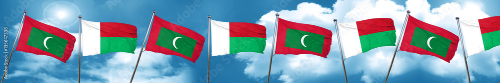 Maldives flag with Madagascar flag, 3D rendering