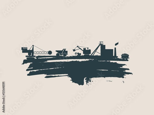 Energy and Power icons set and grunge brush stroke. Coal mining relative image. Vector illustration