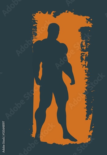 Bodybuilder silhouette. Muscular man posing. Sketch style illustration. Grunge brush stroke.