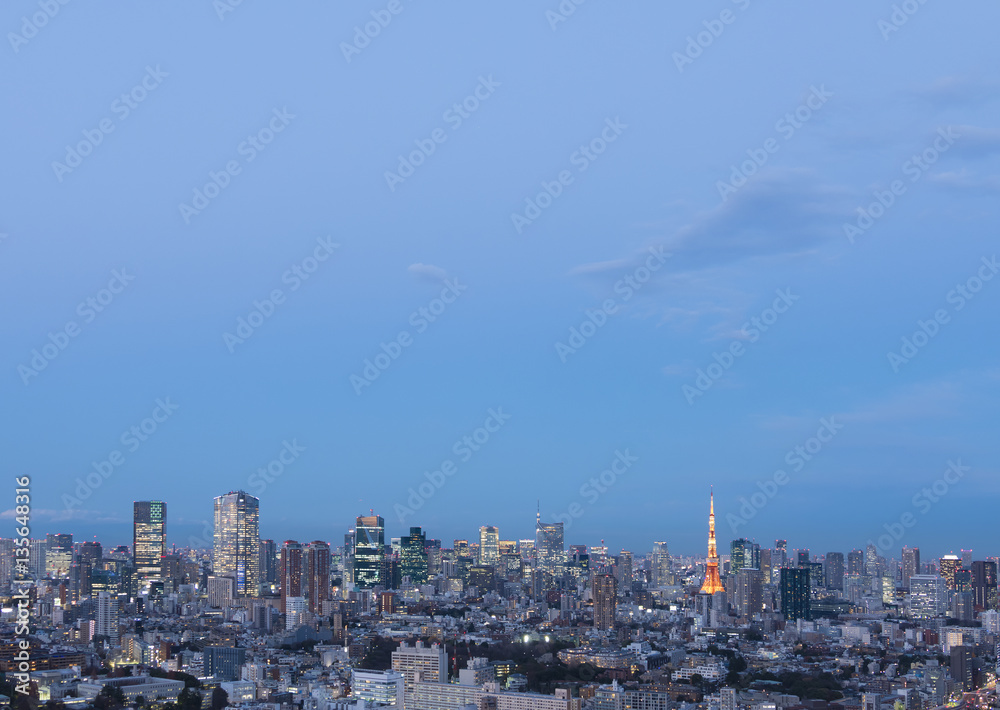Fototapeta premium 東京都市風景 夕景 夜景 東京タワーと六本木周辺 虎ノ門 東京スカイツリー 大空コピースペース