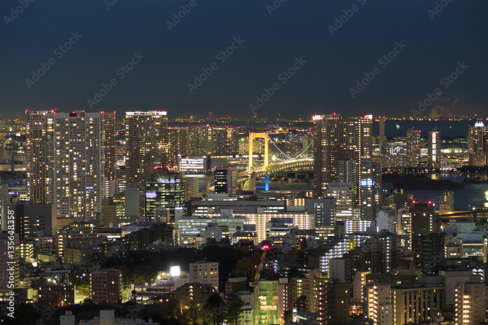 東京都市風景　夜景　芝浦　レインボーブリッジ　田町　三田方面　眺望