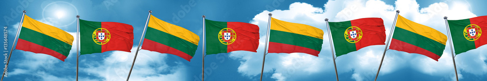 Lithuania flag with Portugal flag, 3D rendering Lithuania flag with Portugal flag, 3D rendering