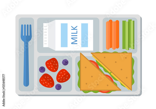 School lunch with a sandwich, fresh berries, vegetables and milk. Flat style. Vector illustration.