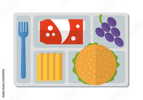 School lunch with hamburger, french fries, a can of soda and bunch of grapes. Flat style. Vector illustration. 