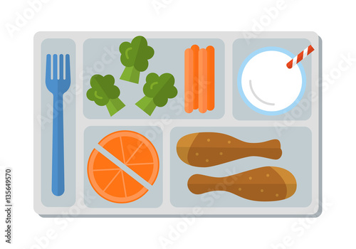 School lunch with chicken drumstick, vegetables, orange slices and a glass of milk. Flat style. Vector illustration. 
