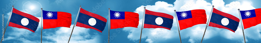 Laos flag with Taiwan flag, 3D rendering Laos flag with Taiwan flag, 3D rendering
