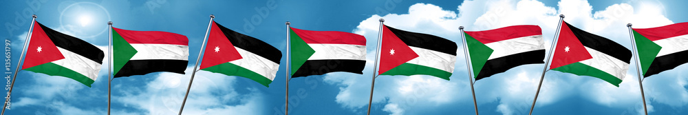 Jordan flag with Sudan flag, 3D rendering Jordan flag with Sudan flag, 3D rendering