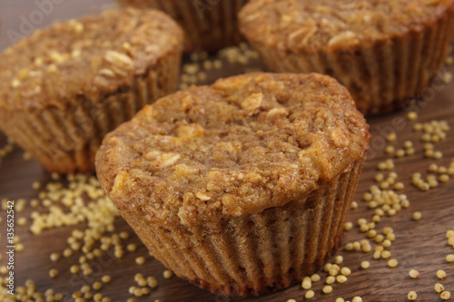 Fresh muffins with millet groats, cinnamon and apple baked with wholemeal flour, delicious healthy dessert