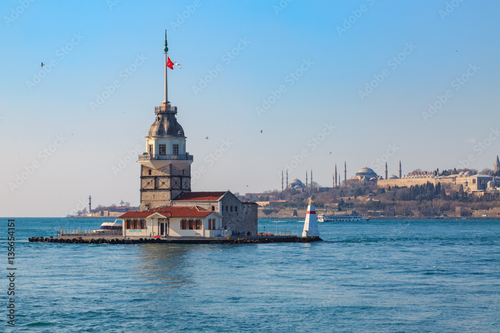 Maiden tower with old city istanbul background.
