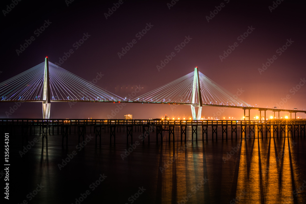 Arthur Ravenel Jr Bridge at Night on Wonders Way in Charleston,