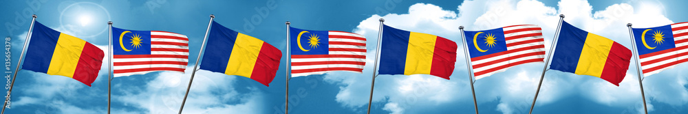 Romania flag with Malaysia flag, 3D rendering Romania flag with Malaysia flag, 3D rendering