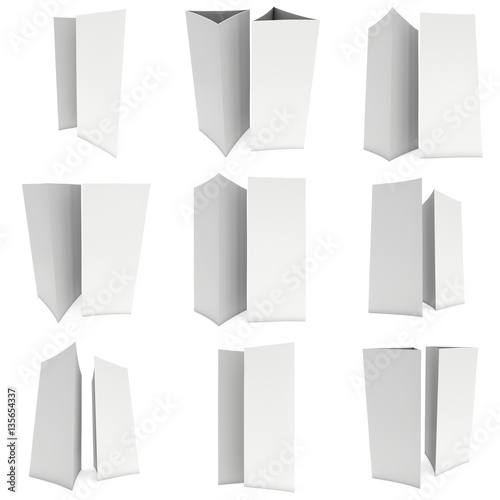 Blank paper triangle tent cards set. 3d render illustration isolated. Table cards mock up on white background.