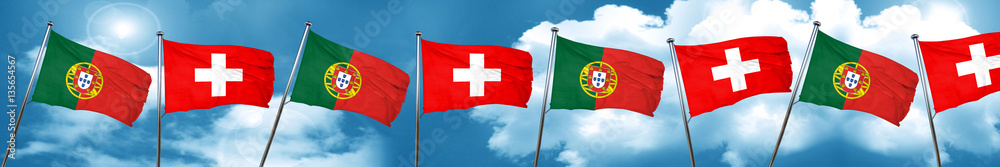 Portugal flag with Switzerland flag, 3D rendering Portugal flag with Switzerland flag, 3D rendering
