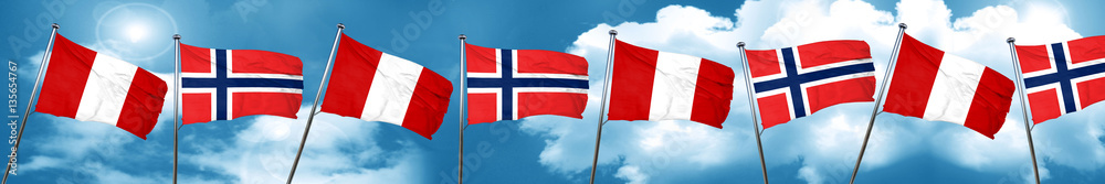Peru flag with Norway flag, 3D rendering Peru flag with Norway flag, 3D rendering