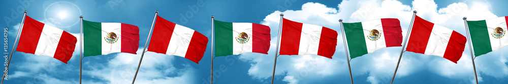 Peru flag with Mexico flag, 3D rendering Peru flag with Mexico flag, 3D rendering