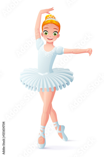Vector cute smiling young dancing ballerina girl in white dress.