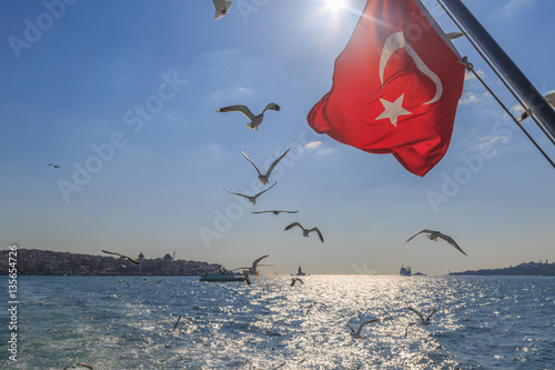 Turkish flag with flying seagulls on kadikoy background. photo