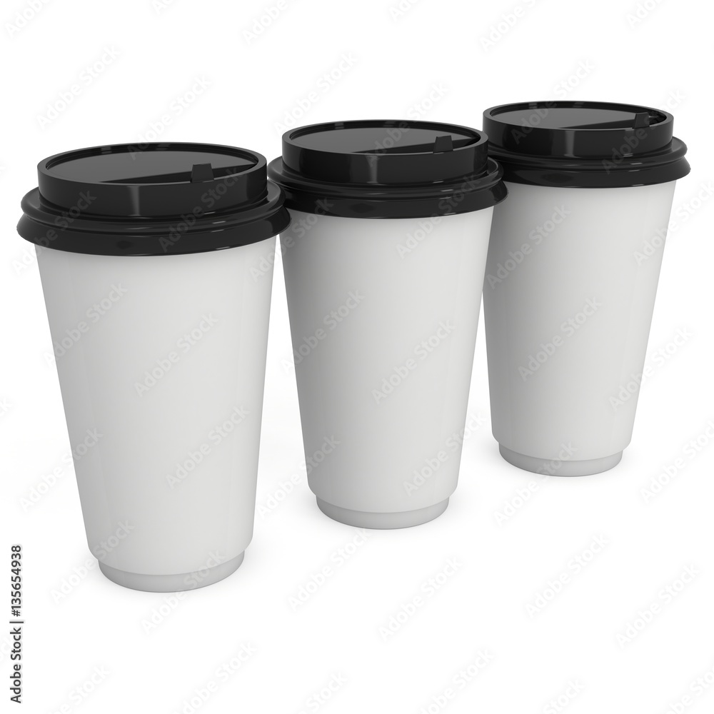 Disposable coffee cups. Blank paper mug. 3d render isolated on white background Disposable coffee cups. Blank paper mug. 3d render isolated on white background