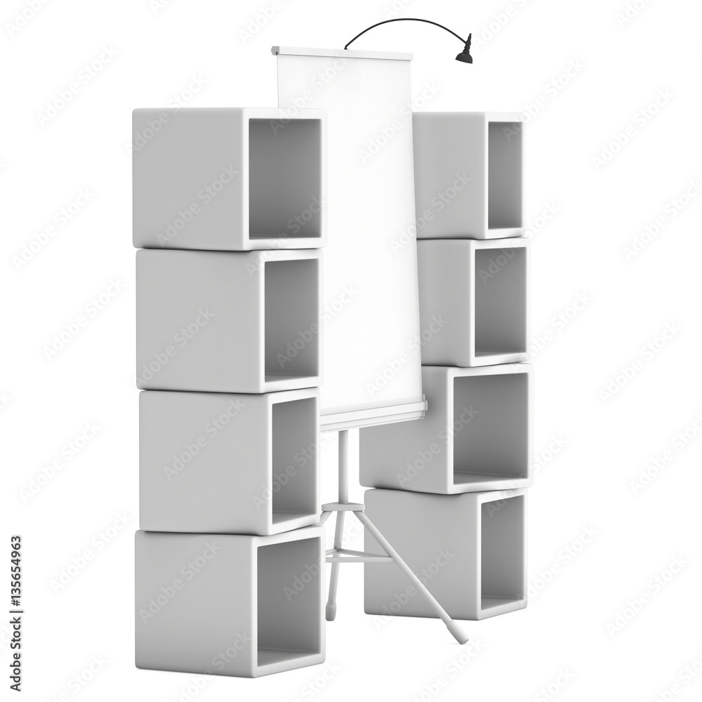 Blank Roll Up Expo Banner Stand on Tripod and product display boxes. Trade show booth white and blank. 3d render illustration isolated on white background. Template mockup for your expo design. Blank Roll Up Expo Banner Stand on Tripod and product display boxes. Trade show booth white and blank. 3d render illustration isolated on white background. Template mockup for your expo design.