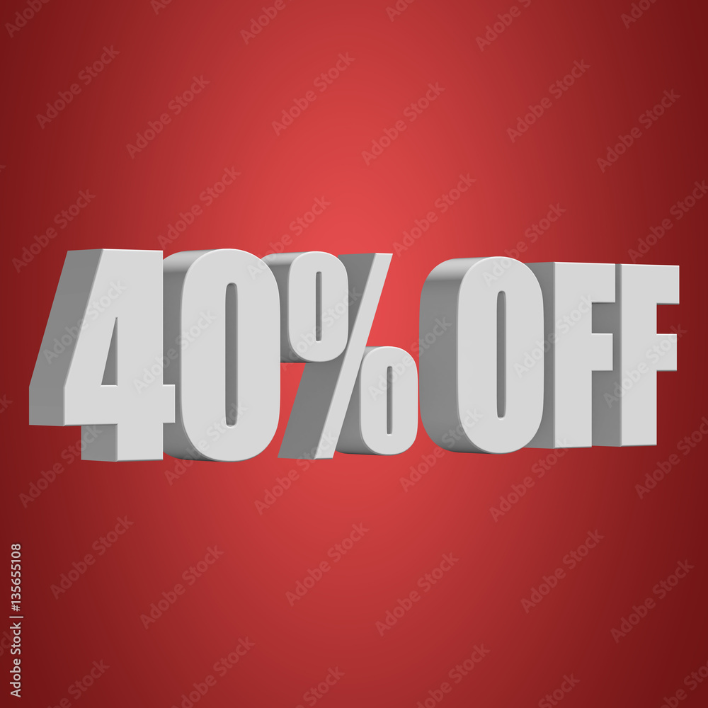 40 percent off letters on red background. 3d render isolated. 40 percent off letters on red background. 3d render isolated.