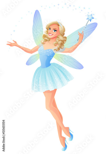 Vector fairy in blue dress with magic wand and wings.