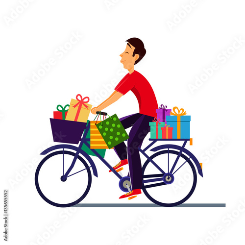 Young boy on bicycle with gifts. Deliveryman, courier with gifts