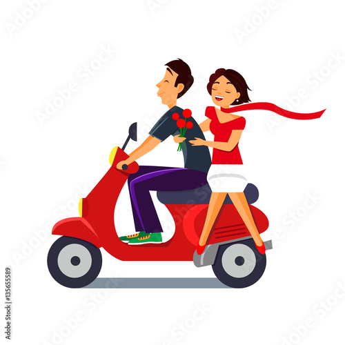 Happy couple ride on motorcycle. Girls scarf blowing. FLowers on