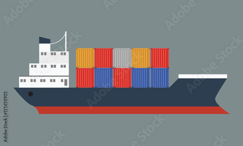 Beautiful container ship with international cargo. Vector illustrated icon with solid and flat color style design.